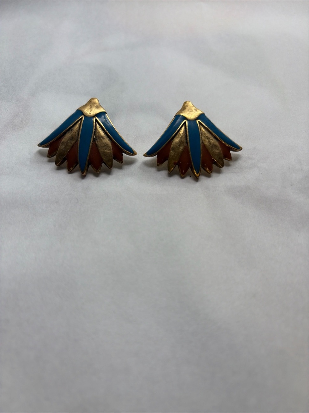 Gold and Teal Fan Petal Stud Earrings vintage MCM Egyptian